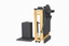 Wooden pilates machine with black cushioned seat on a white background